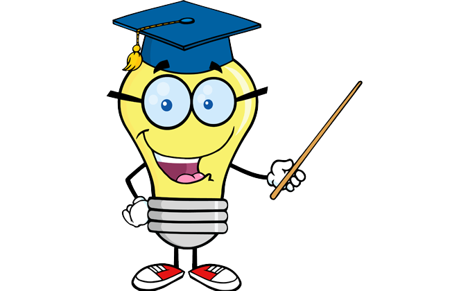 Lightbulb with graduation cap, eyes, glasses, arms & legs