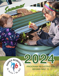 Summer 2024 program brochure cover with toddler and woman at a raised garden bed