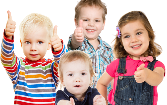 four young kids thumbs up